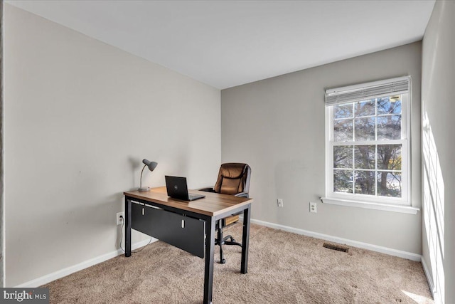 home office featuring visible vents, baseboards, and carpet flooring