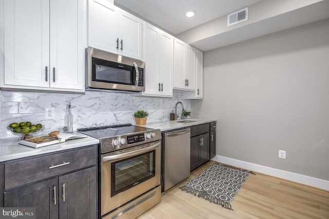 kitchen with sink, backsplash, stainless steel appliances, light hardwood / wood-style floors, and white cabinets