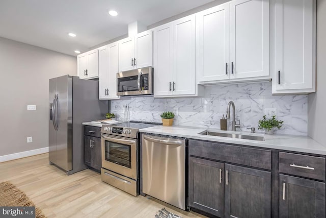 kitchen featuring appliances with stainless steel finishes, sink, white cabinets, decorative backsplash, and light hardwood / wood-style floors