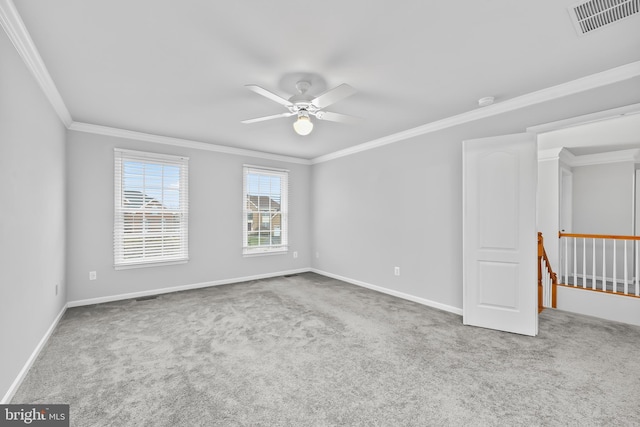 spare room featuring crown molding, ceiling fan, and carpet flooring