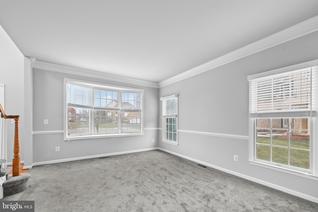 carpeted empty room with crown molding and a healthy amount of sunlight