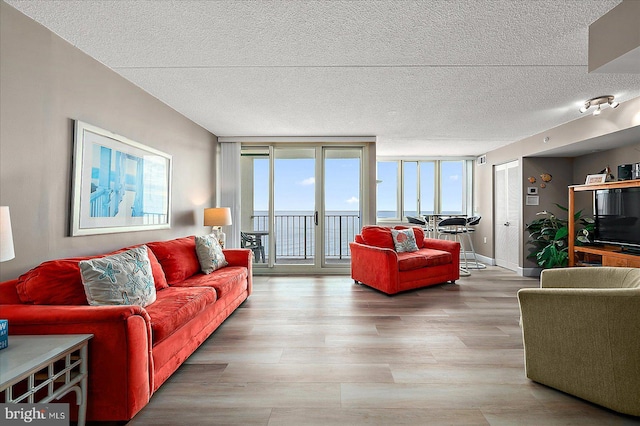 living room with a textured ceiling, a wall of windows, and light hardwood / wood-style flooring