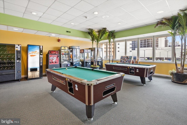 recreation room featuring a drop ceiling, pool table, and dark carpet