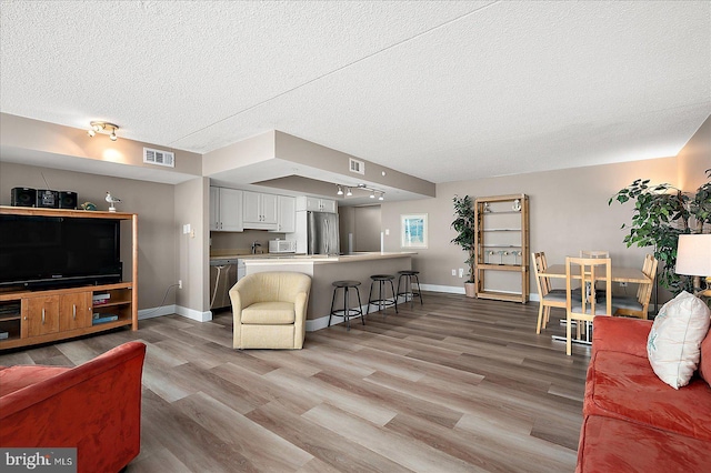 living room featuring a textured ceiling and light hardwood / wood-style floors