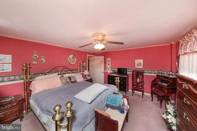 bedroom with light carpet, baseboards, a ceiling fan, and crown molding