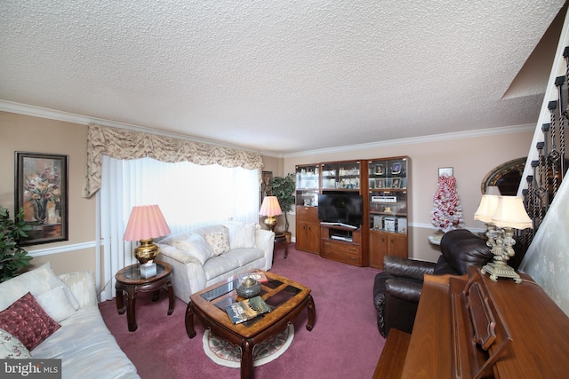 carpeted living area with crown molding and a textured ceiling