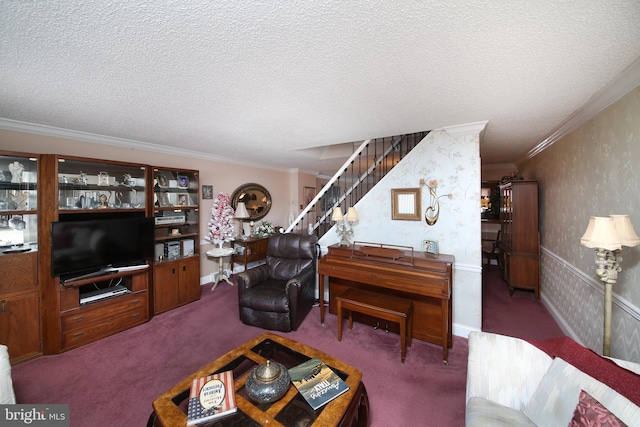 living room featuring ornamental molding, dark carpet, a textured ceiling, and wallpapered walls