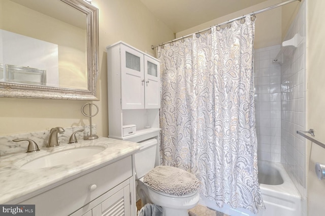 bathroom featuring shower / bath combination with curtain and vanity