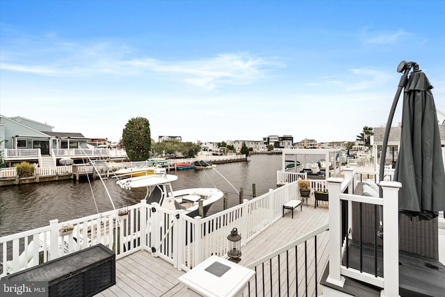 dock area with a deck with water view