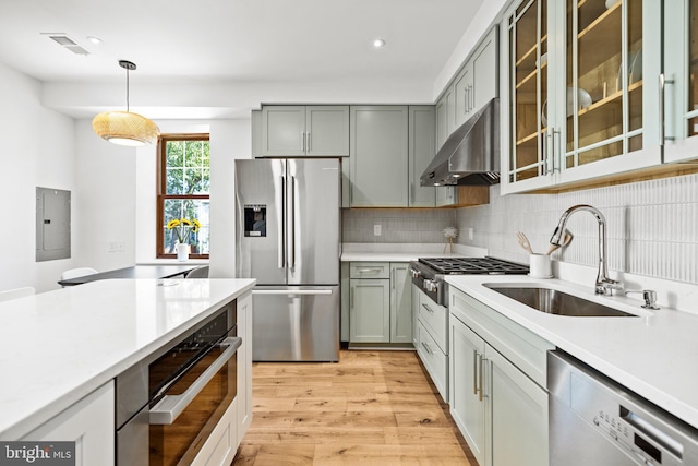 kitchen with decorative light fixtures, stainless steel appliances, tasteful backsplash, sink, and electric panel