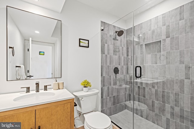 bathroom featuring toilet, vanity, and walk in shower