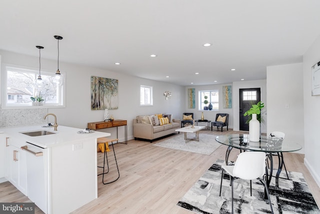 living room featuring sink and light wood-type flooring