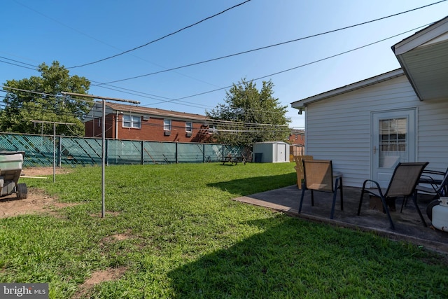 view of yard featuring a patio and a storage unit