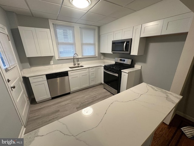 kitchen with appliances with stainless steel finishes, a drop ceiling, white cabinetry, and sink