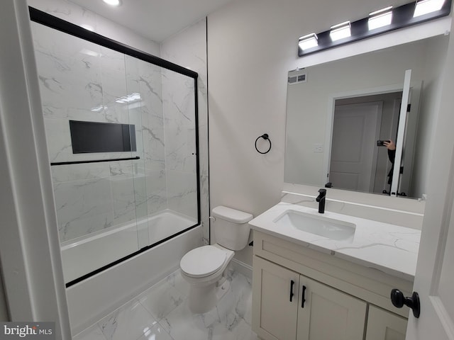 full bathroom featuring marble finish floor, bath / shower combo with glass door, visible vents, toilet, and vanity