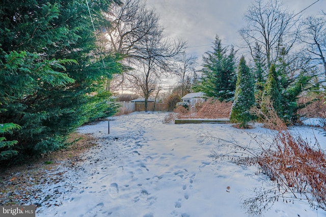 view of yard layered in snow