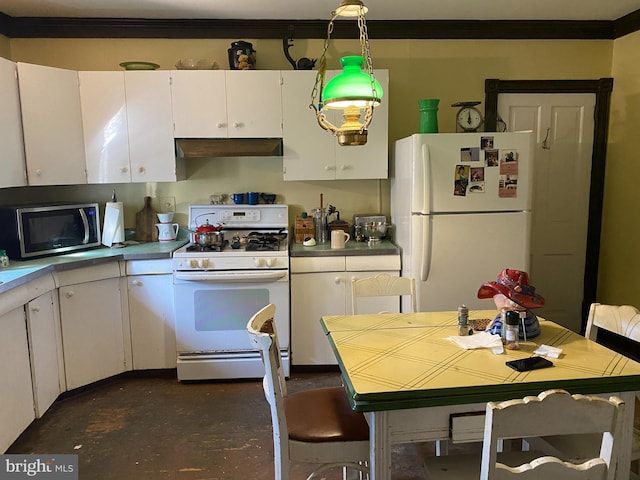 kitchen featuring white cabinets, white appliances, and ornamental molding