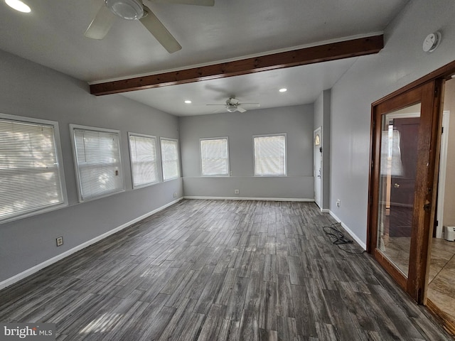 interior space featuring beamed ceiling, dark hardwood / wood-style floors, and ceiling fan