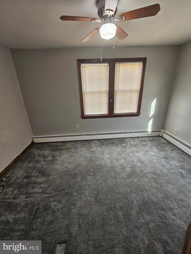 unfurnished room featuring dark carpet and a baseboard heating unit