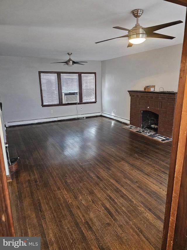 unfurnished living room featuring ceiling fan, a baseboard radiator, cooling unit, and a brick fireplace