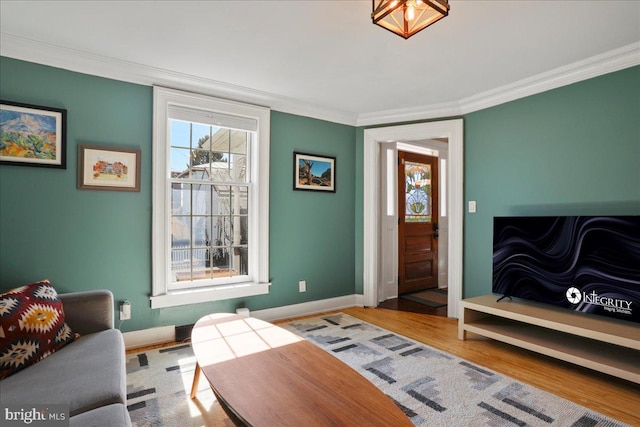 bedroom featuring multiple windows, wood finished floors, and crown molding