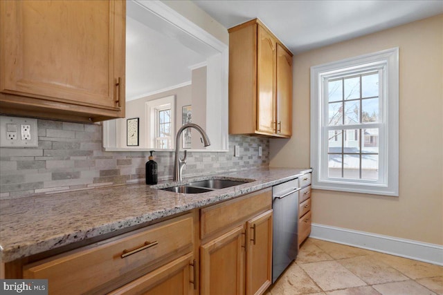 kitchen with dishwasher, plenty of natural light, baseboards, and a sink