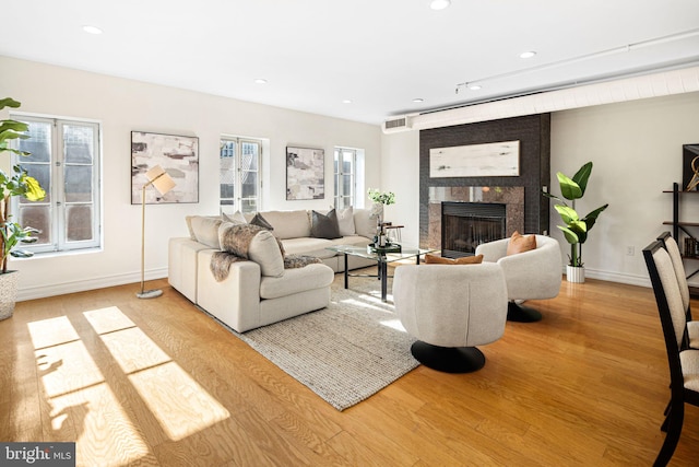 living room featuring a large fireplace and light hardwood / wood-style flooring