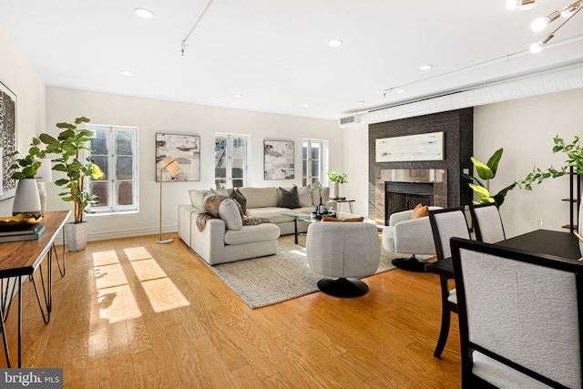 living room featuring a large fireplace and light hardwood / wood-style flooring