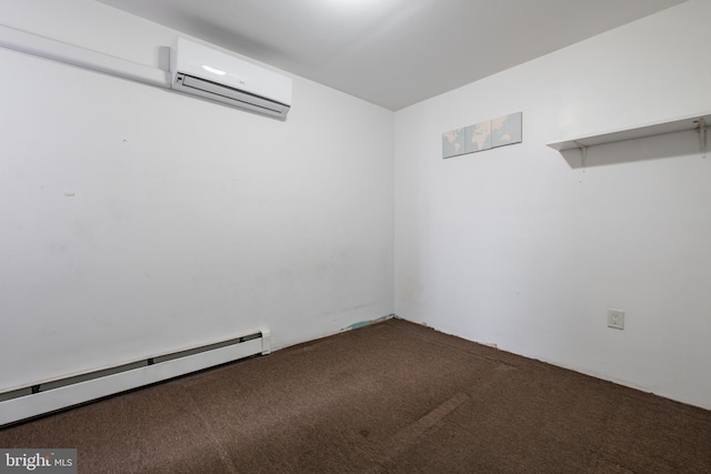 carpeted empty room featuring a baseboard radiator and an AC wall unit