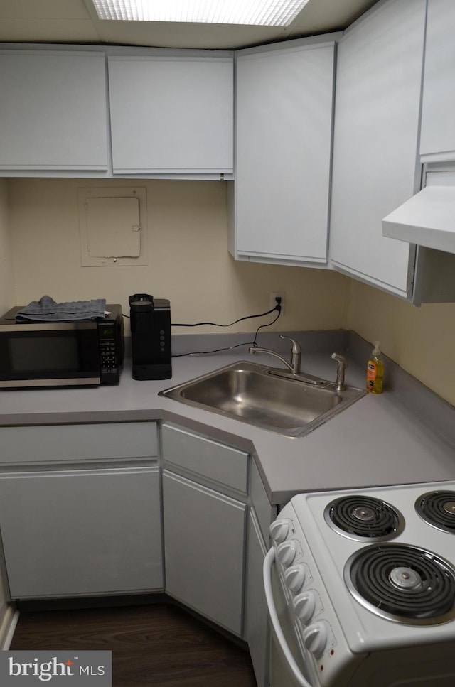 kitchen featuring white cabinets, range hood, sink, and electric range