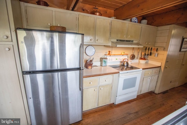 kitchen with electric range, stainless steel fridge, beamed ceiling, and light wood-type flooring