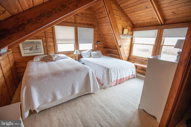 carpeted bedroom with vaulted ceiling with beams, wooden walls, and wood ceiling