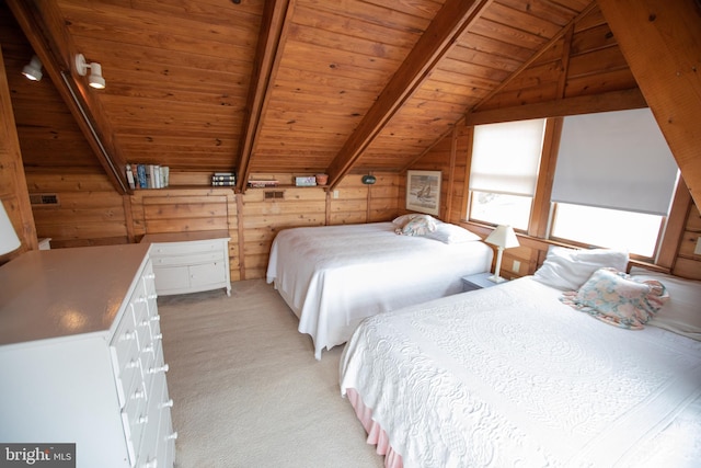 unfurnished bedroom with light carpet, wood ceiling, wooden walls, and lofted ceiling with beams