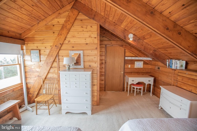 unfurnished bedroom with wooden walls, lofted ceiling with beams, light carpet, and wooden ceiling