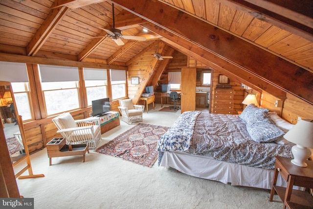 bedroom featuring lofted ceiling with beams, carpet flooring, wooden ceiling, and wooden walls