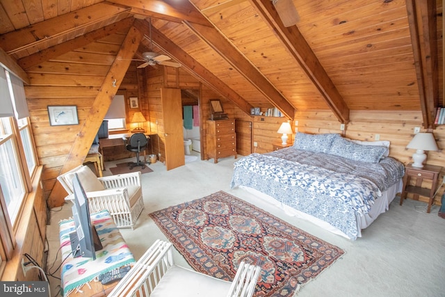 carpeted bedroom with wood ceiling, wooden walls, and lofted ceiling with beams