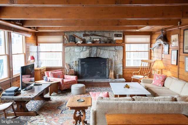 living room featuring plenty of natural light and a fireplace