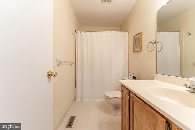 full bath featuring visible vents, vanity, toilet, and tile patterned floors