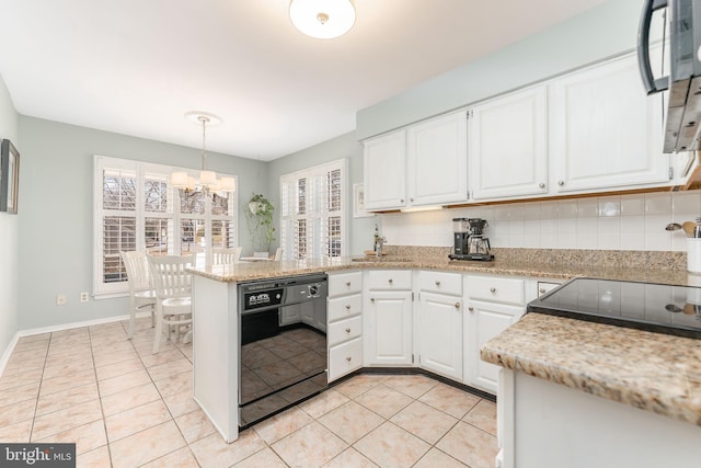 kitchen featuring black dishwasher, white cabinetry, a peninsula, and light tile patterned floors