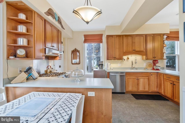 kitchen with open shelves, stainless steel appliances, a sink, a peninsula, and under cabinet range hood