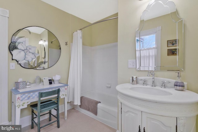 full bath featuring vanity and shower / bathtub combination with curtain