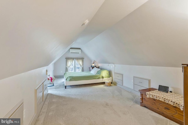 carpeted bedroom with lofted ceiling and a wall mounted AC