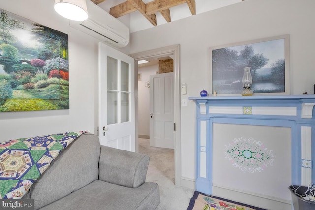 entryway with a wall mounted AC and beam ceiling