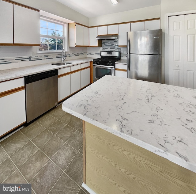 kitchen featuring stainless steel appliances, tasteful backsplash, sink, white cabinets, and dark tile patterned floors