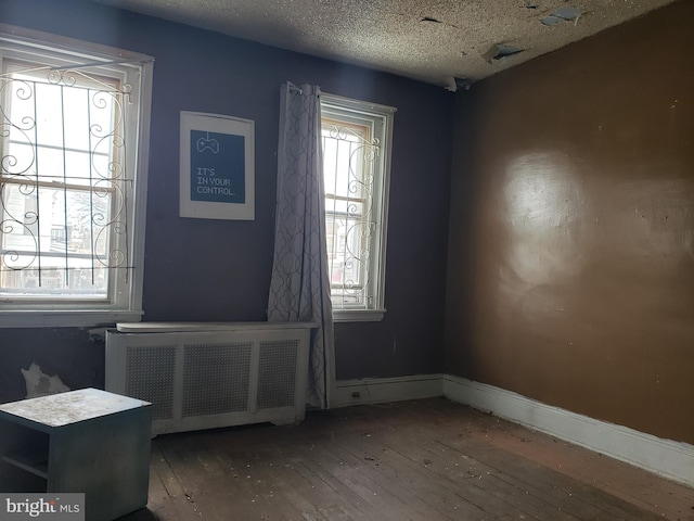 spare room featuring hardwood / wood-style flooring, a textured ceiling, radiator, and a wealth of natural light