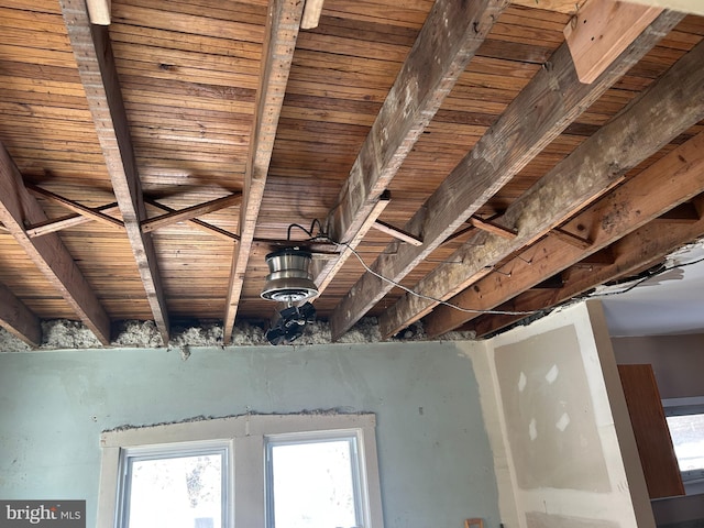 room details featuring wooden ceiling and beam ceiling