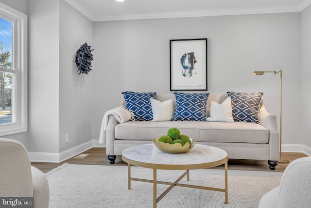 living room featuring plenty of natural light, hardwood / wood-style floors, and crown molding