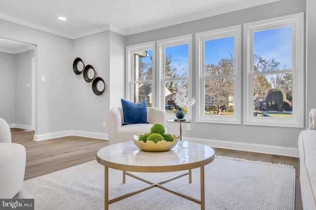 sitting room featuring wood-type flooring and crown molding