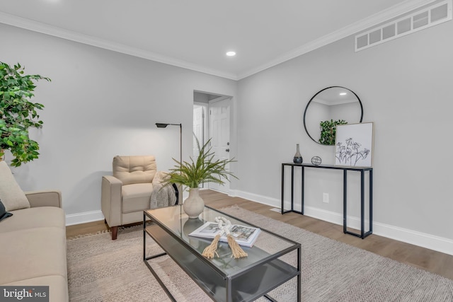 living room with wood-type flooring and crown molding