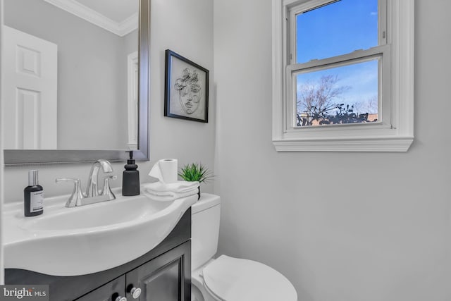 bathroom featuring toilet, vanity, and crown molding